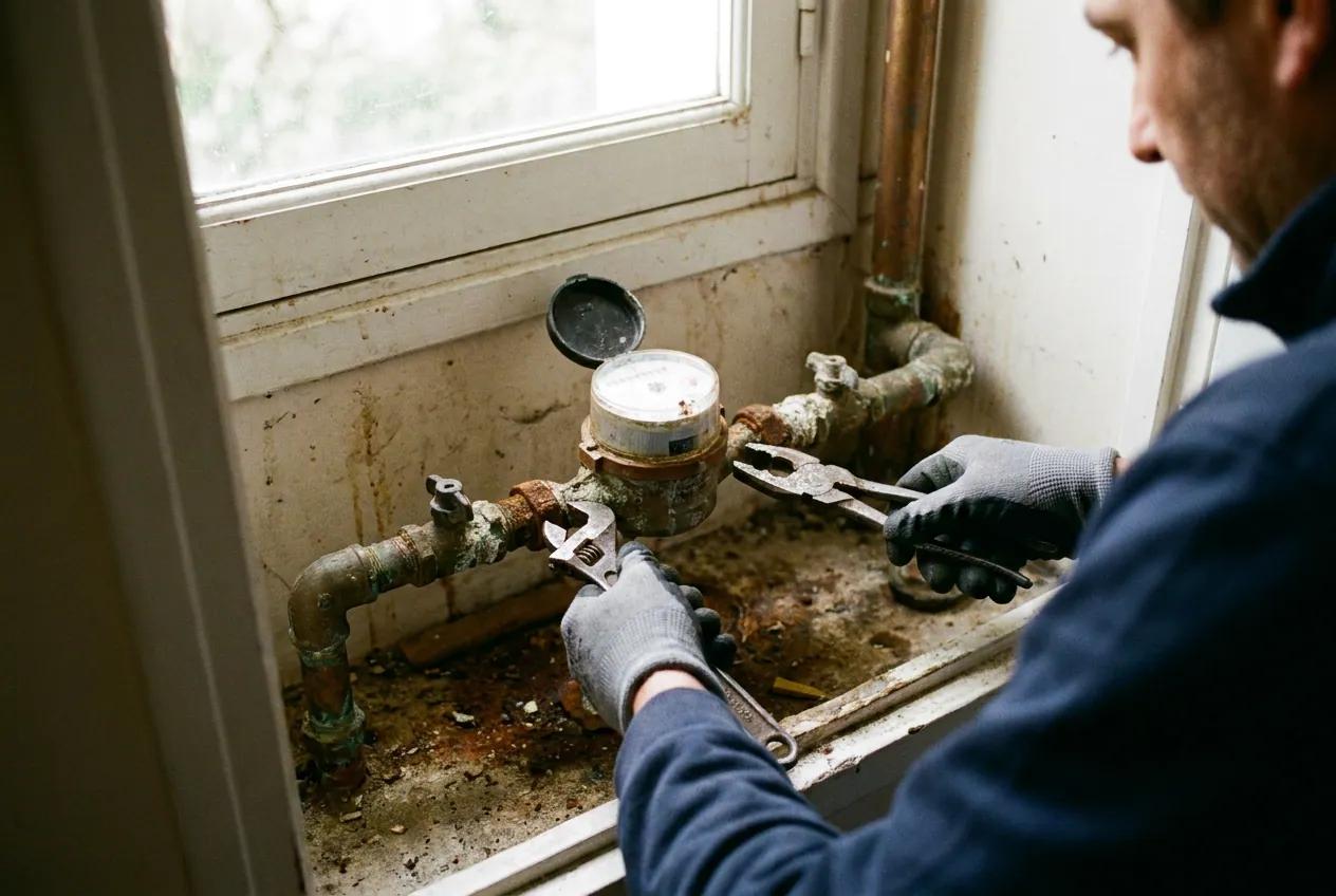 Compteur d'eau et raccord de plomberie inspectés dans un pavillon du Port-Marly